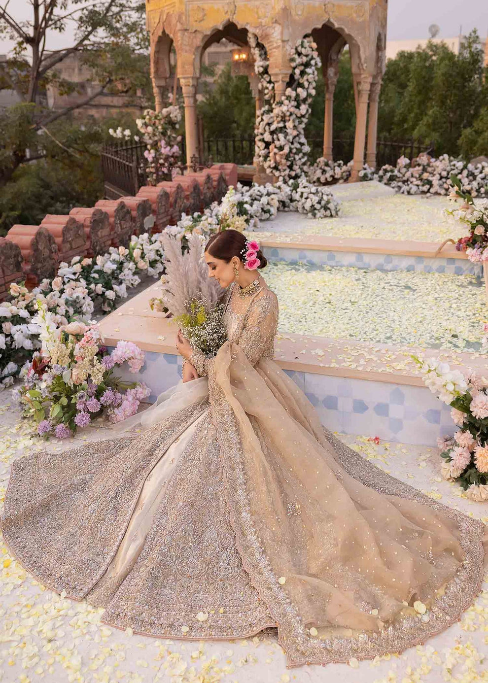 Kanwal Malik Mirani champagne beige organza wedding formal outfit with elaborate embroidery