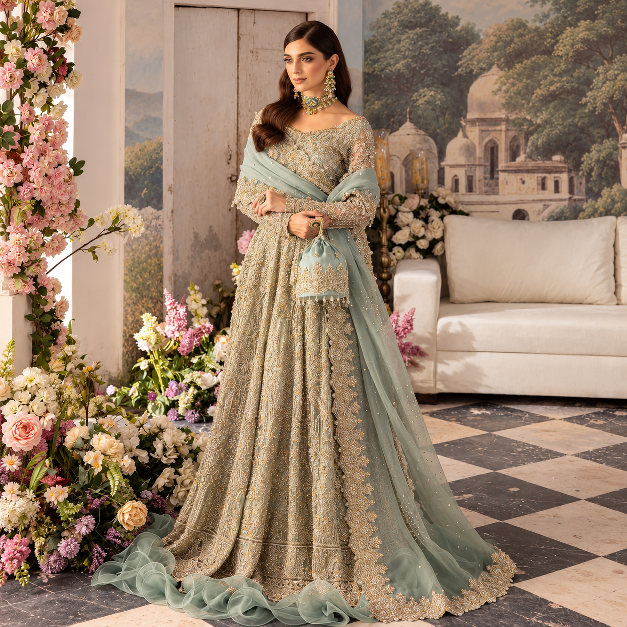 Maya Ali modelling Kanwal Malik Nazra sage green luxury Pakistani designer wedding maxi