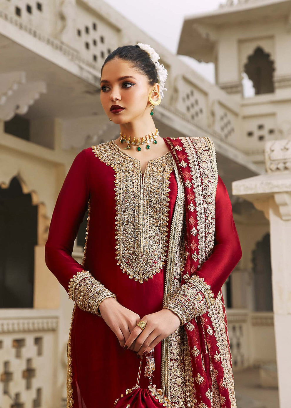Deep red organza dupatta with ornate gold-toned embroidered borders from Kanwal Malik Noreen
