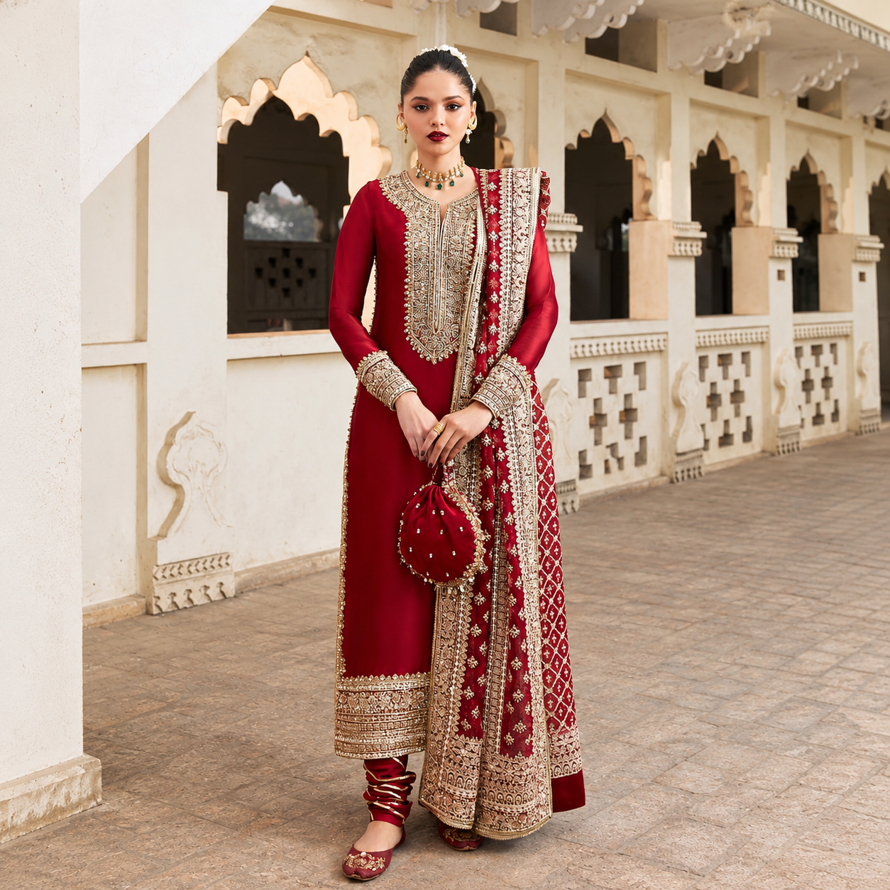 Wania Ahmed wearing Kanwal Malik Noreen deep red raw silk formal dress with gold-toned embroidery
