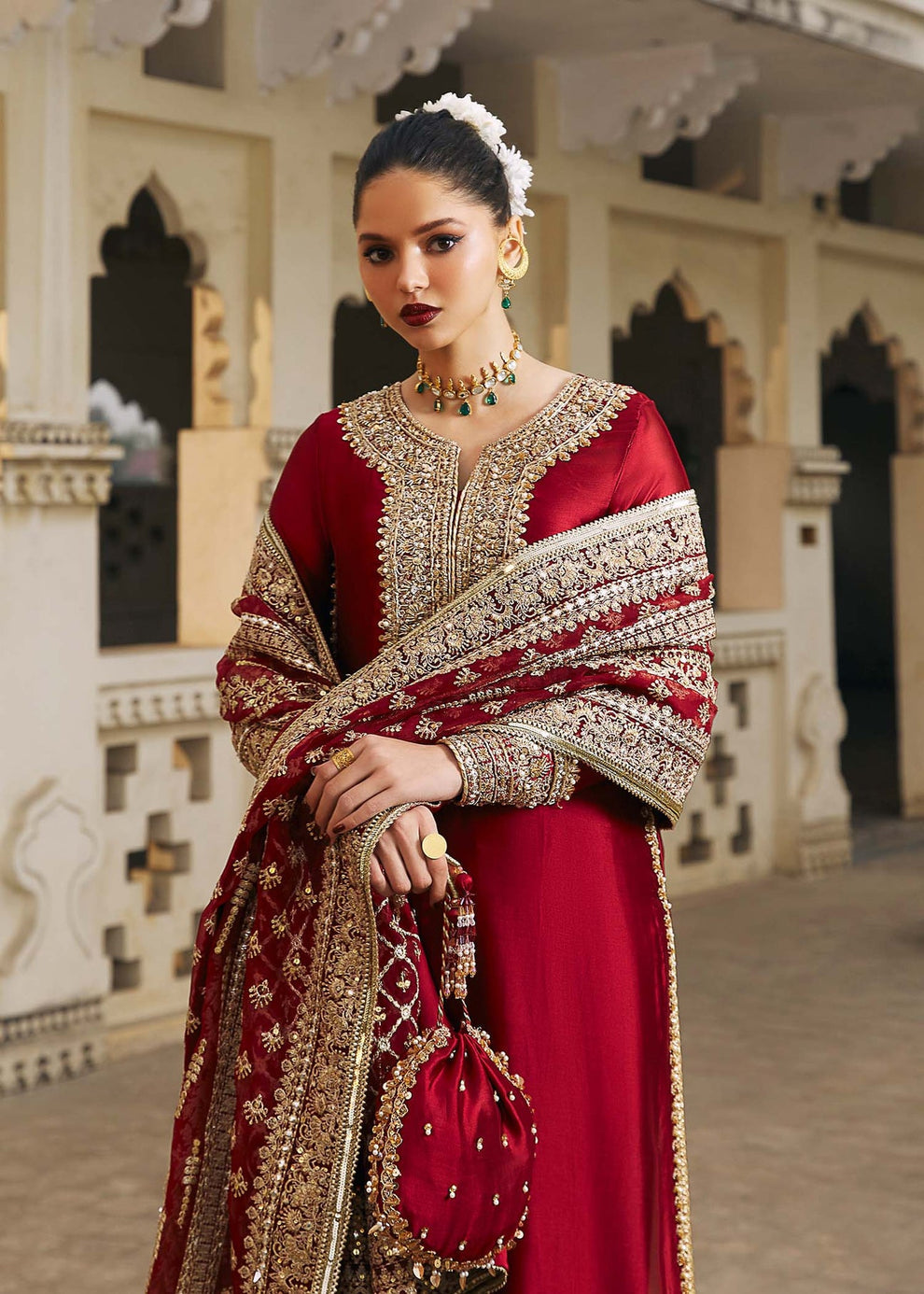 Wania Ahmed modelling Kanwal Malik Noreen red raw silk dress with matching embroidered organza dupatta
