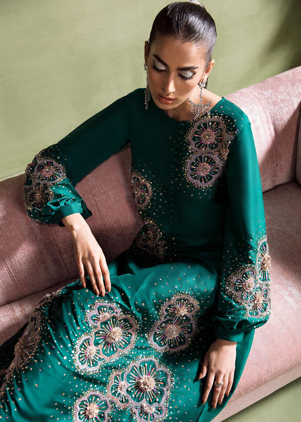Anam Malik modelling Kanwal Malik Olivia luxury emerald green Pakistani designer formal wear