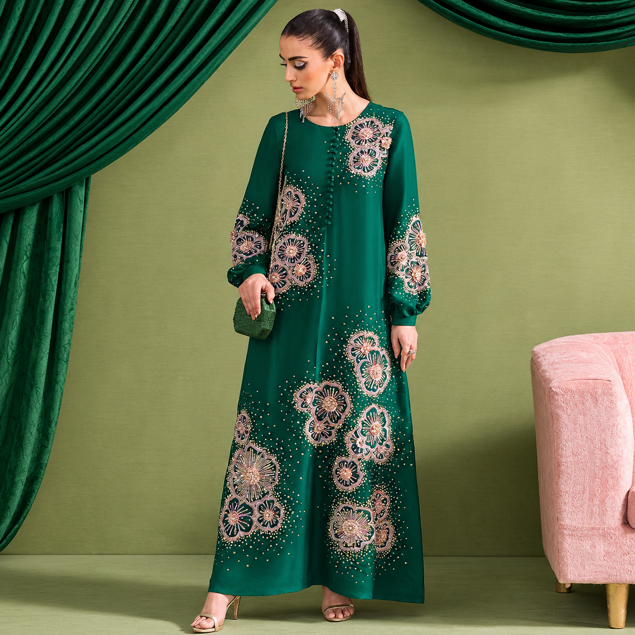 Anam Malik wearing Kanwal Malik Olivia emerald green raw silk dress with delicate pink floral embroidery