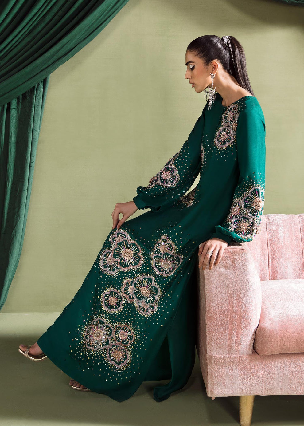 Kanwal Malik Olivia luxury Pakistani formal dress featuring a long emerald green raw silk shirt with floral embroidery