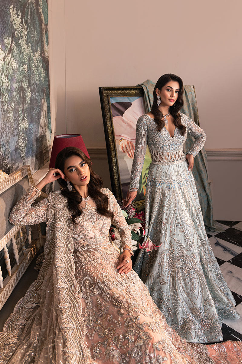 Full-length Khakaa Shimmering Ice luxury flared maxi gown with shimmering silver embellishments at Zenni’s Atelier