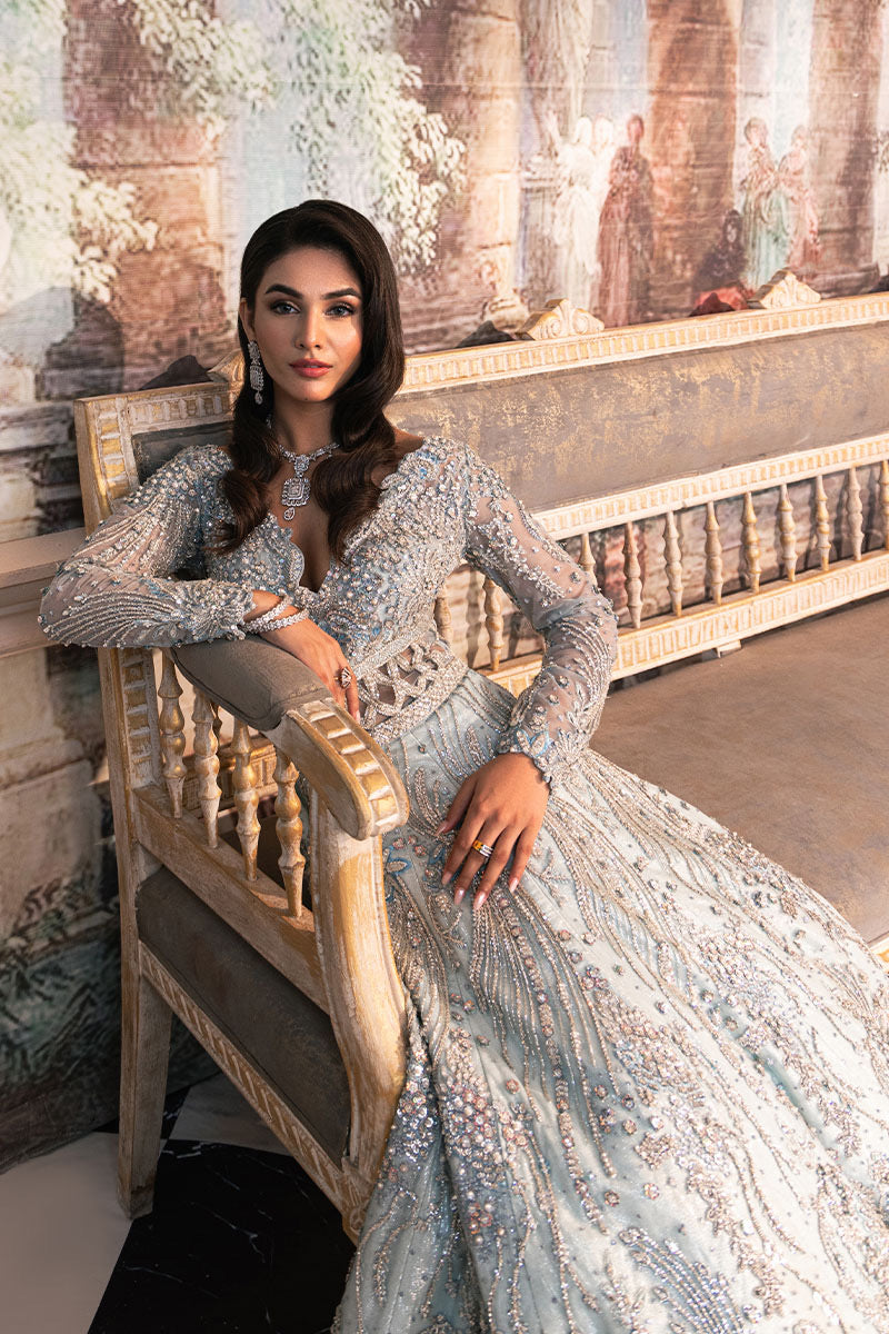 Manahil Asif modelling Khakaa Shimmering Ice silver blue walima and reception maxi at Zenni’s Atelier