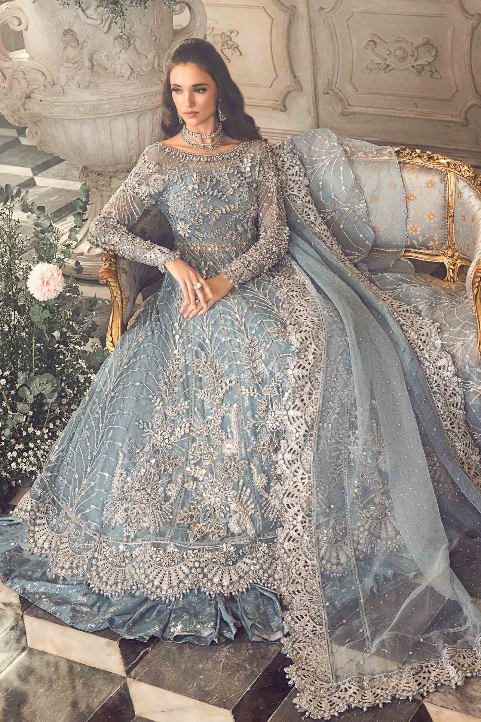 Maria.B Bridal D-2 matching ice blue organza dupatta with embroidered lace-inspired border at Zenni’s Atelier