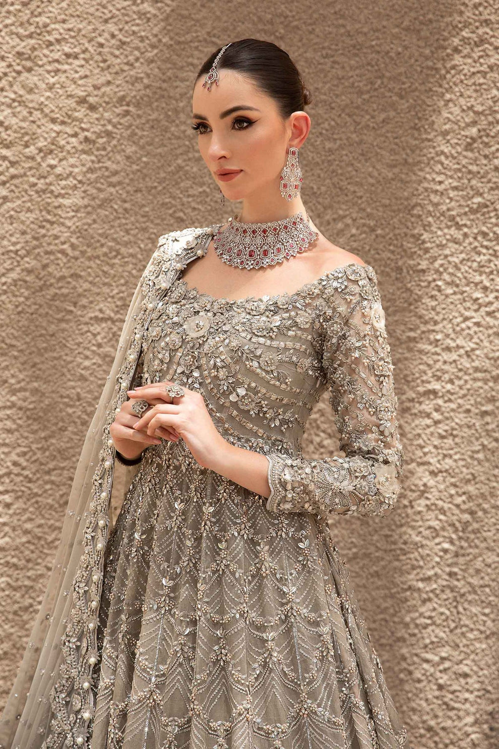 Giti Ara modelling Maria.B Brides Izumi silver-grey luxury Pakistani bridal ensemble