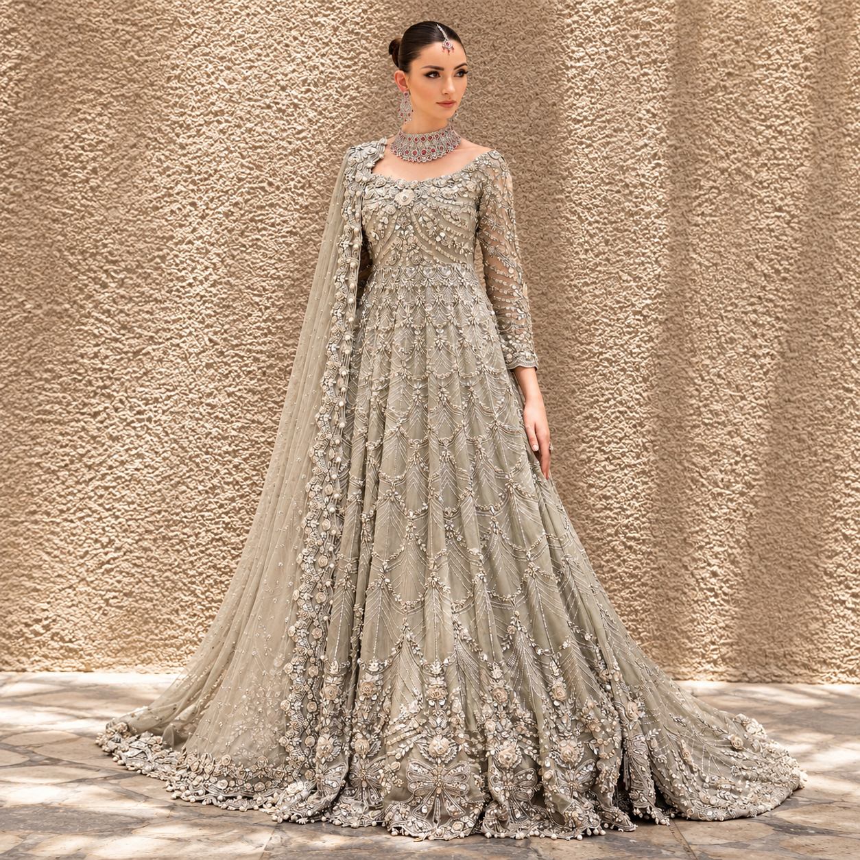 Giti Ara wearing Maria.B Brides Izumi silver grey net bridal dress with intricate floral embellishments
