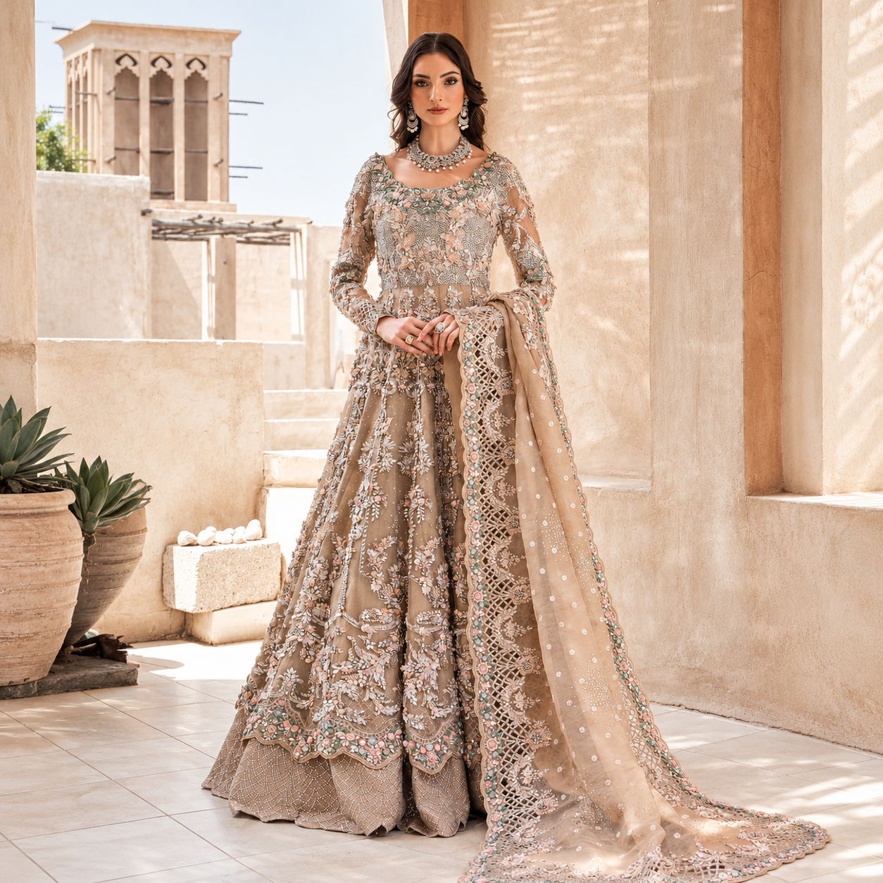 Ramsha Hassan wearing Maria.B Brides Lunara champagne organza bridal dress with pastel floral embellishments