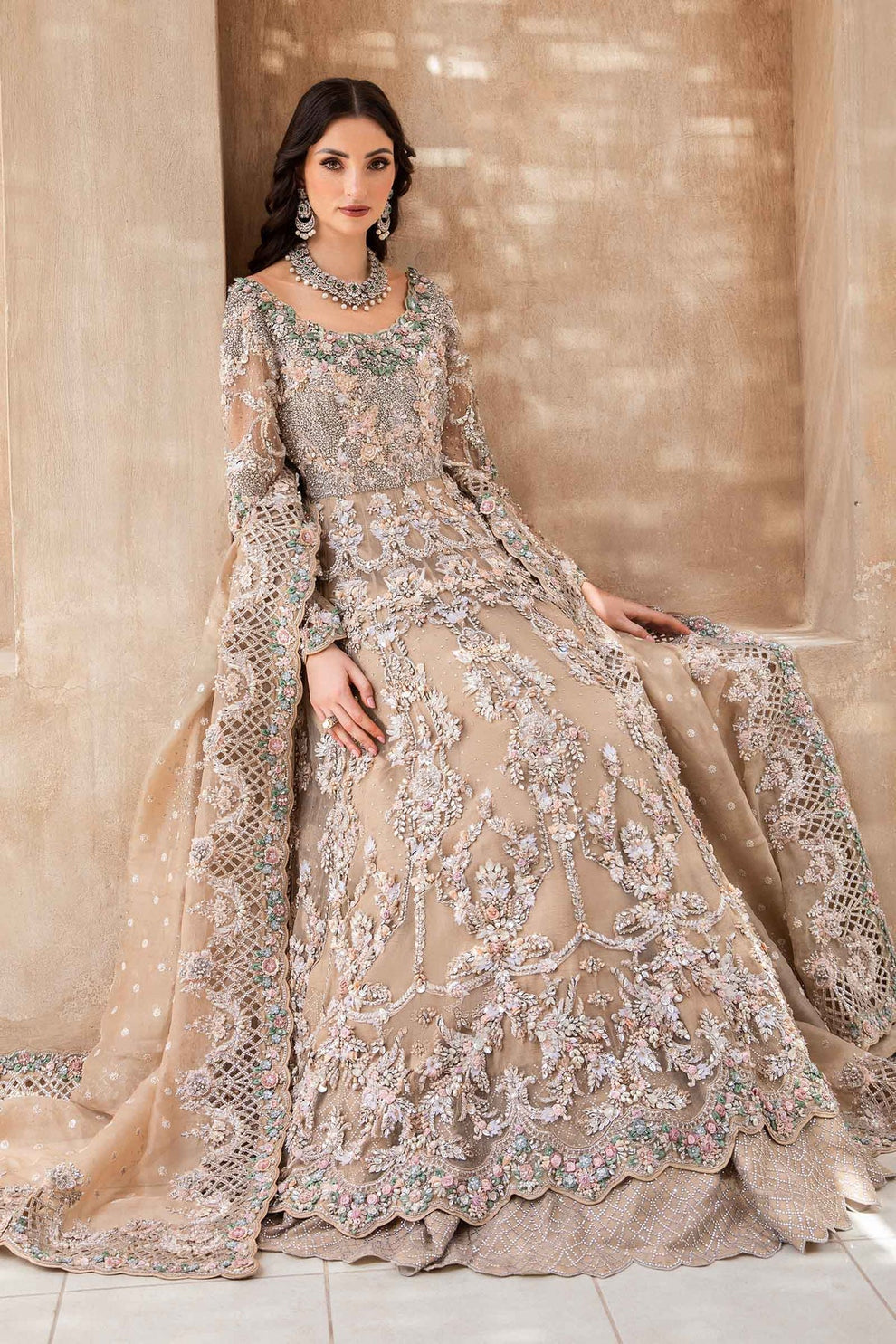 Champagne organza dupatta with delicate embellishments and ornamental border from Maria.B Brides Lunara