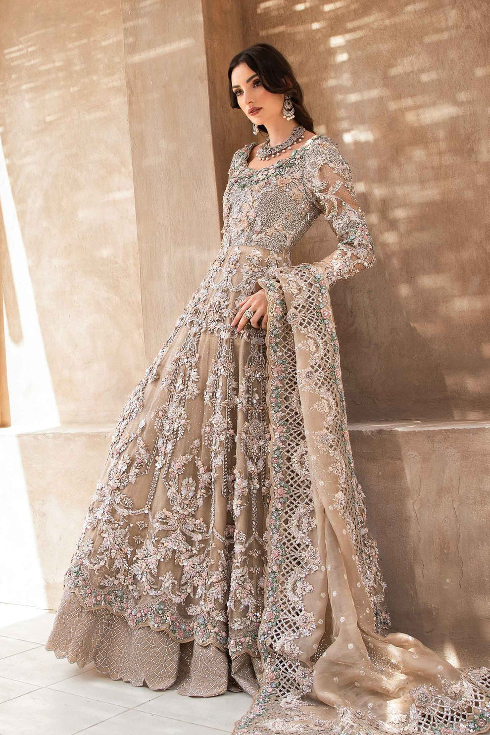 Maria.B Brides Lunara champagne beige Pakistani bridal outfit with silver-toned floral embroidery
