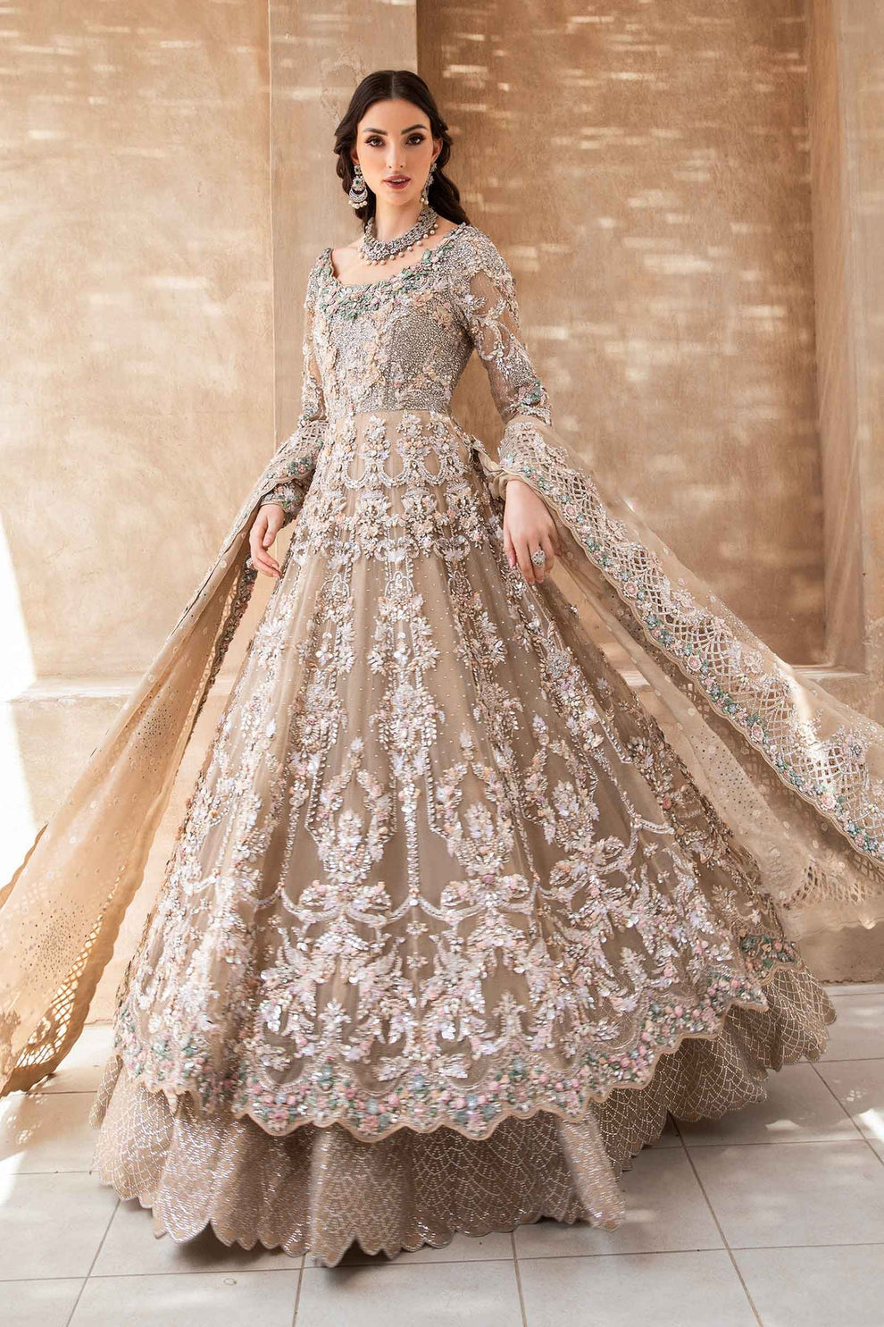 Ramsha Hassan modelling Maria.B Brides Lunara champagne beige luxury Pakistani bridal ensemble