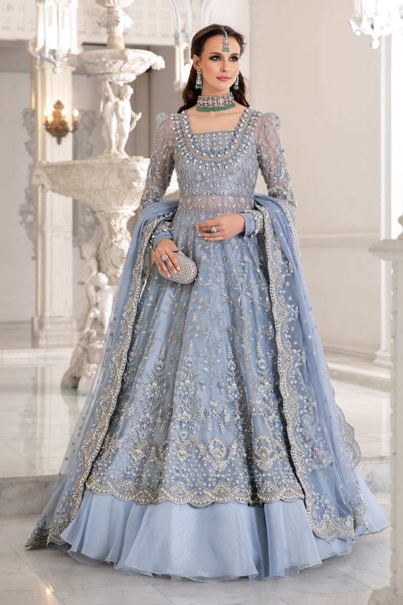 Maria.B Couture Ice Blue MC-041 intricate silver floral embroidery and embellished bodice at Zenni’s Atelier