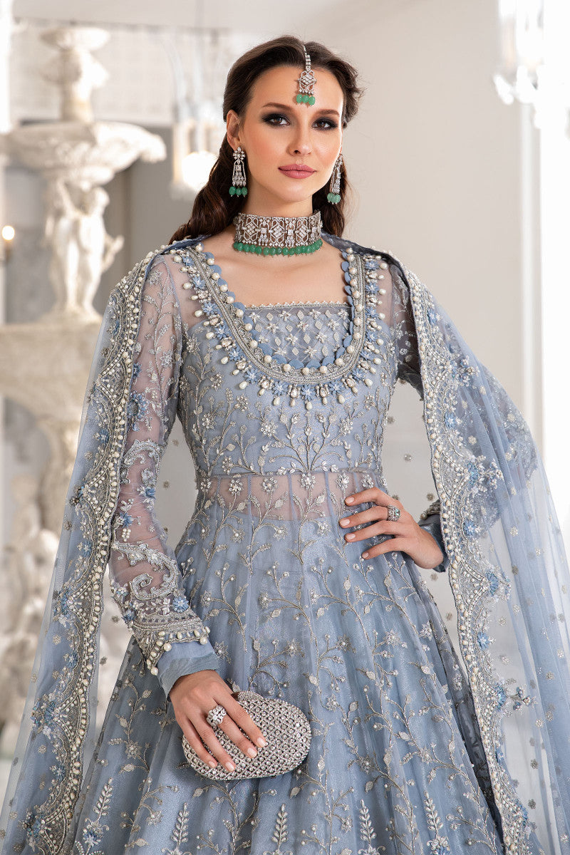 Maria.B Ice Blue MC-041 matching embroidered net dupatta with decorative border at Zenni’s Atelier