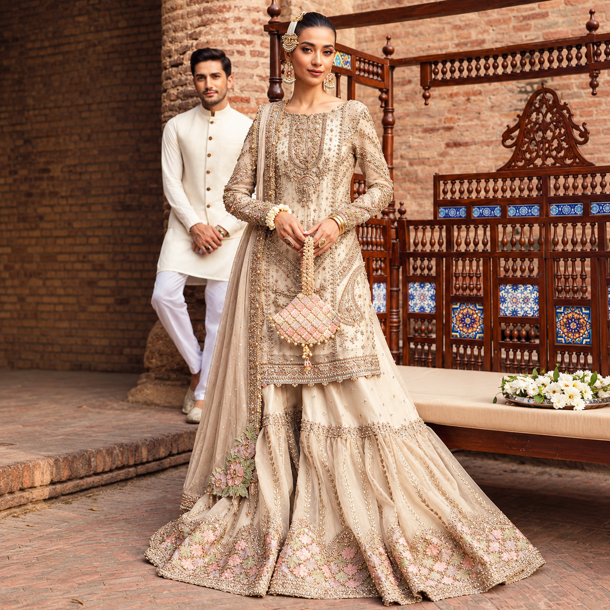 Mehwish Khan wearing Maria.B Ishtar champagne beige embroidered organza Pakistani wedding dress