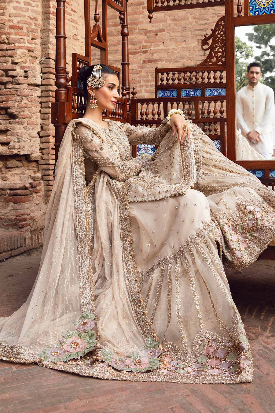 Maria.B Ishtar luxury champagne organza formal suit featuring intricate traditional embroidery and a long straight shirt