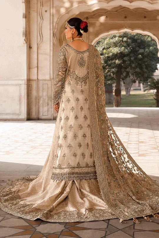 Maria.B Liliana EX-145 matching champagne gold net dupatta with ornate embroidered borders at Zenni’s Atelier