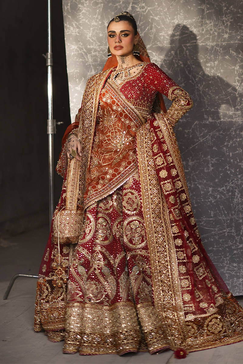 Close-up of antique gold floral and geometric embroidery on Mohsin Naveed Ranjha Malika Jaan bridal outfit