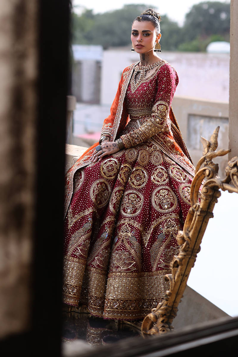 Mohsin Naveed Ranjha Malika Jaan red organza bridal dupatta with intricate embroidered motifs and ornate borders