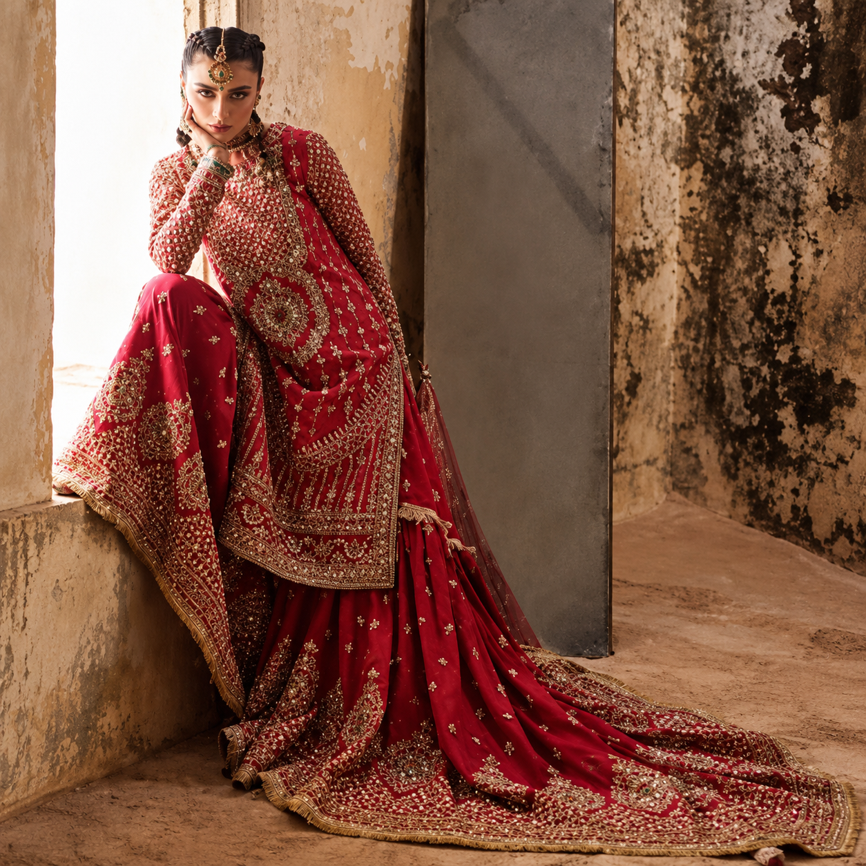 Sadaf Kanwal wearing Mohsin Naveed Ranjha Ruhi Begum red bridal dress with intricate antique gold embroidery
