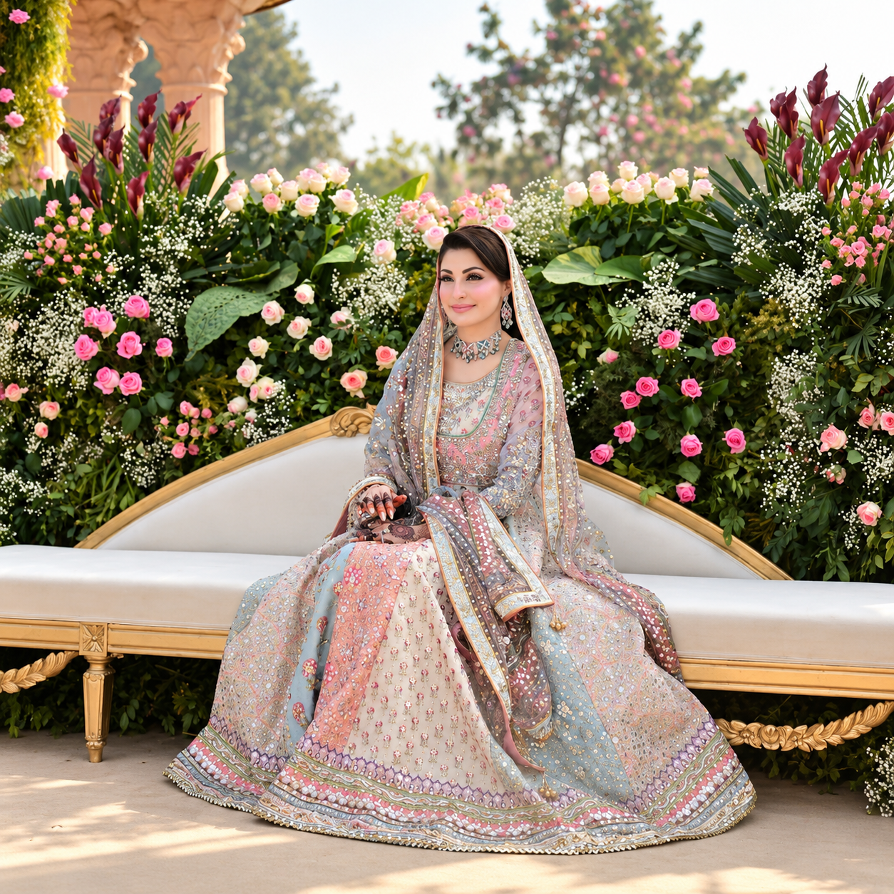 Nomi Ansari Maryam Nawaz Pastel Outfit featuring multicoloured embroidered silk lehenga at Zenni’s Atelier