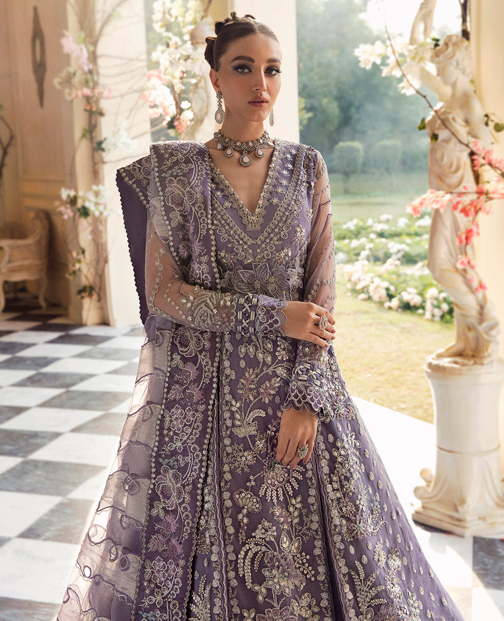 Republic Womenswear La Lavande matching lavender net dupatta with delicate embroidery and decorative borders styled with a bridal maxi