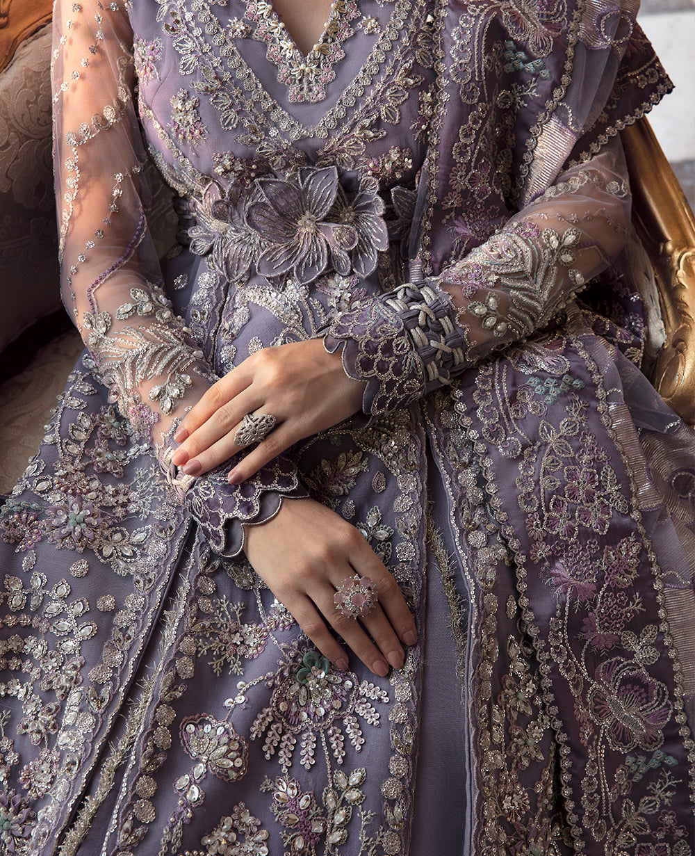 Close-up of intricate silver floral and ornamental embroidery on Republic Womenswear La Lavande lavender net bridal dress