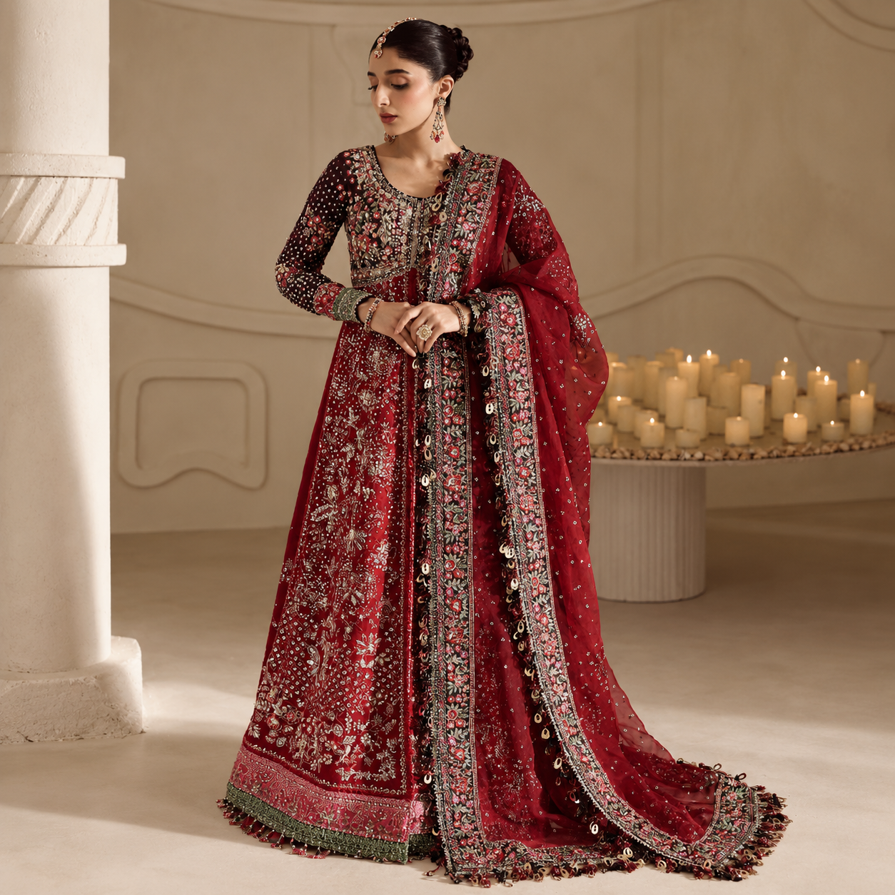 Republic Womenswear Lucienne maroon dress featuring intricate floral neckline embroidery at Zenni’s Atelier