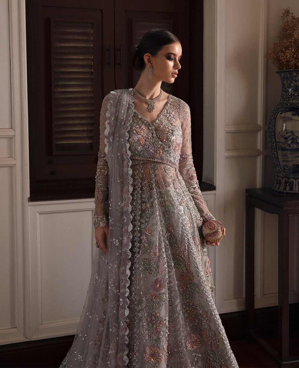 Republic Womenswear Azilis luxury Pakistani Walima maxi featuring a flowing silver sage net skirt and floral embroidery