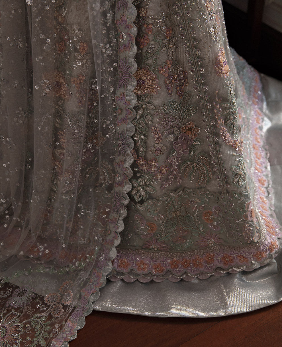 Sana Sikandar Khan modelling Republic Womenswear Azilis luxury silver grey Pakistani designer wedding maxi