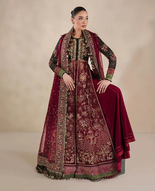 Republic Womenswear Lucienne maroon embroidered organza dress modelled by Mawra Hocane at Zenni’s Atelier