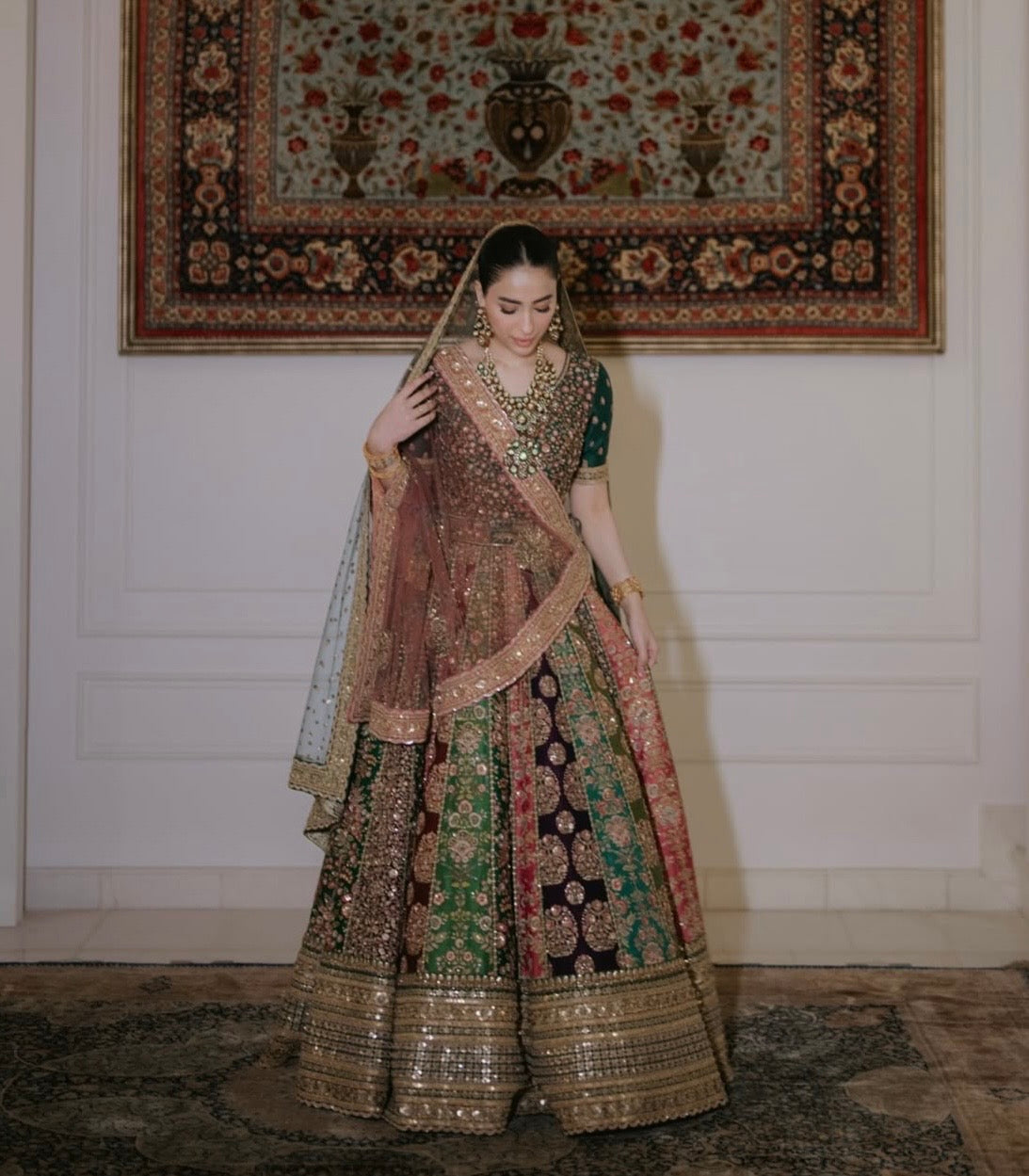 Sabyasachi Mukherjee 18 panel bridal lehenga with delicately embellished net dupatta and gold borders at Zenni’s Atelier