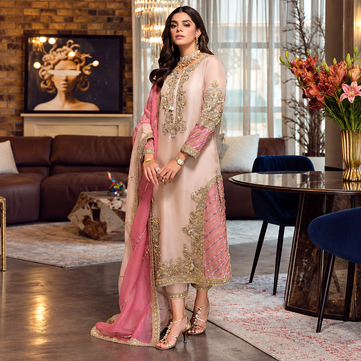 Sara Rohail Asghar Peach Nouveau soft peach organza formal dress with intricate champagne gold embroidery modelled by Sonya Hussyn