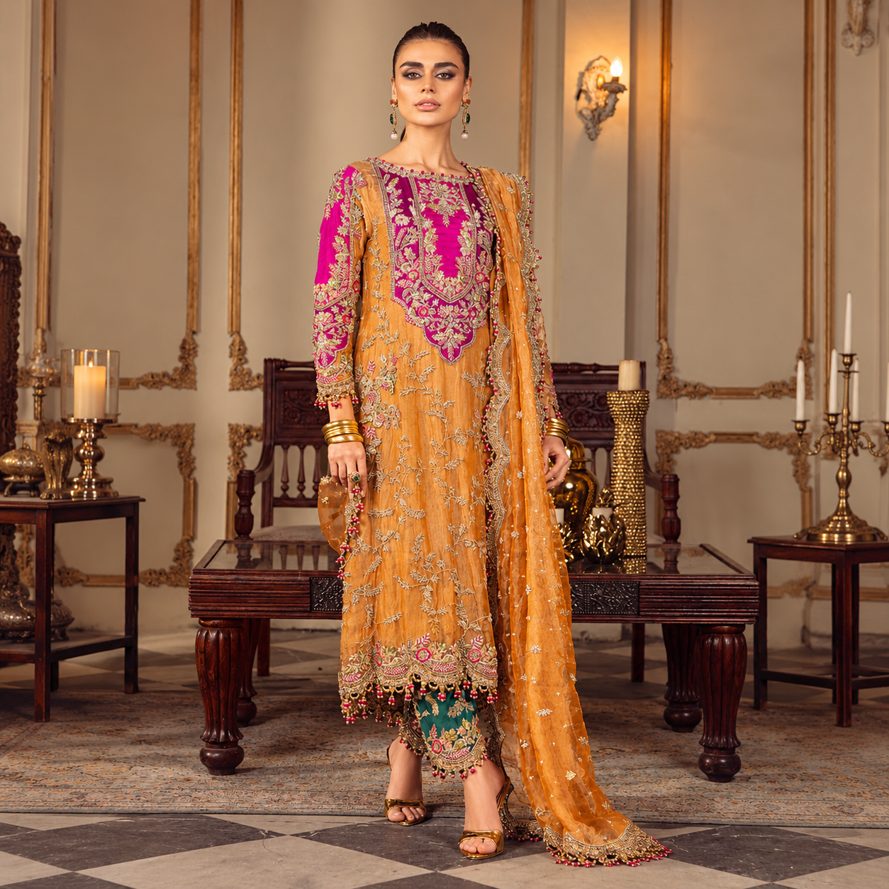 Sara Rohail Asghar Sultanique mustard gold silk formal dress with fuchsia pink neckline and intricate gold embroidery modelled by Sadaf Kanwal