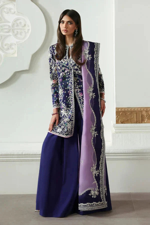 SORAYA Althea contrasting lavender organza dupatta with silver floral embroidery and ornate border at Zenni’s Atelier