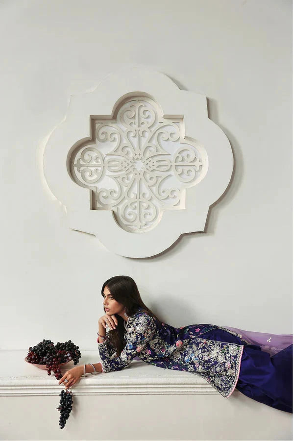 Full-length SORAYA Althea royal purple embroidered straight-cut shirt with wide-leg trousers at Zenni’s Atelier