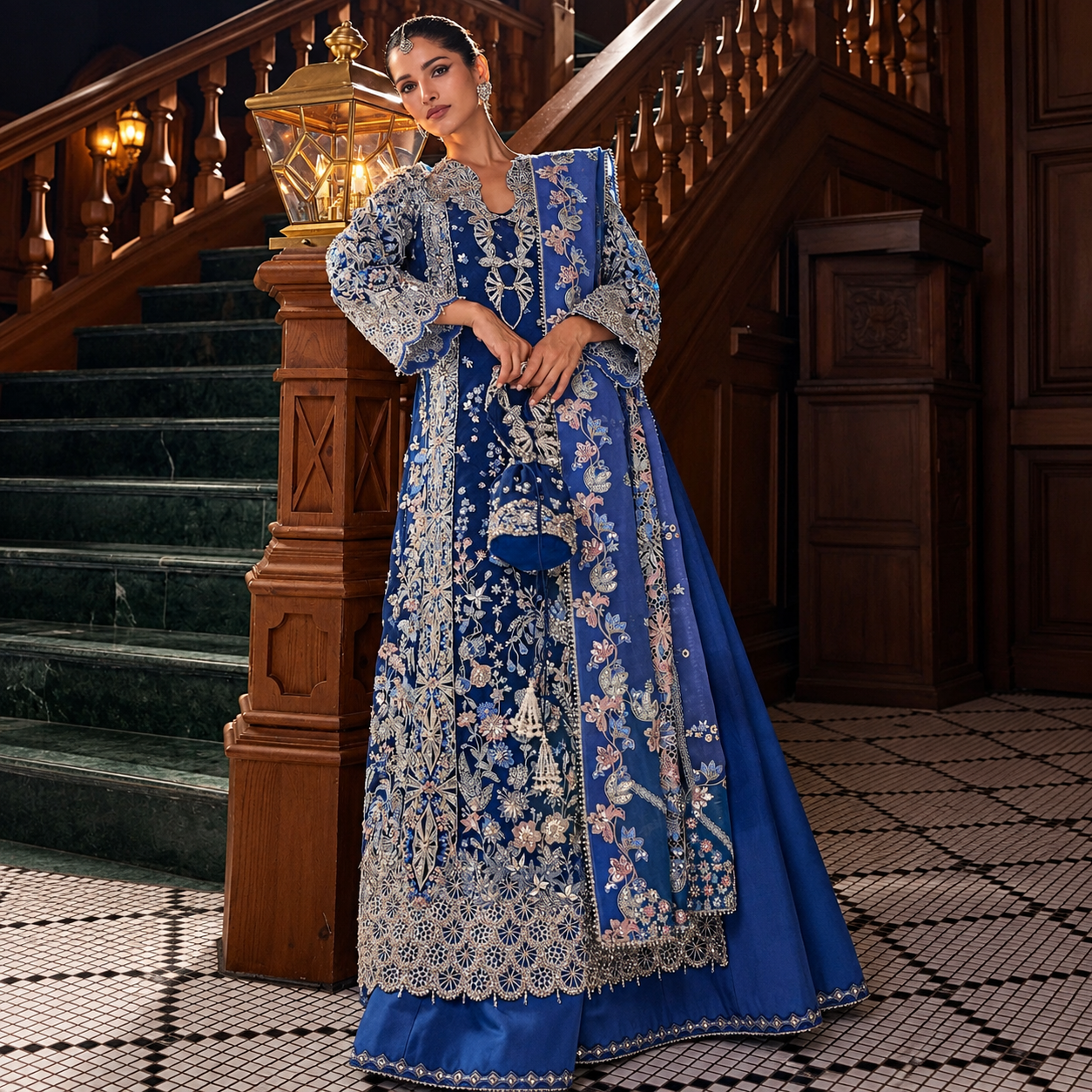 Rehma Zaman wearing Soraya Lumene Festive Elise royal blue embroidered net Pakistani formal maxi