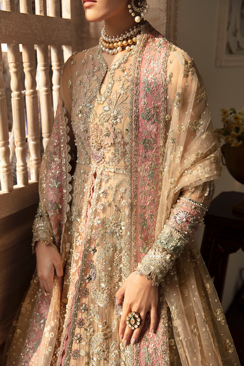 Rooshan Khan modelling Soraya Irina champagne gold luxury Pakistani designer ensemble
