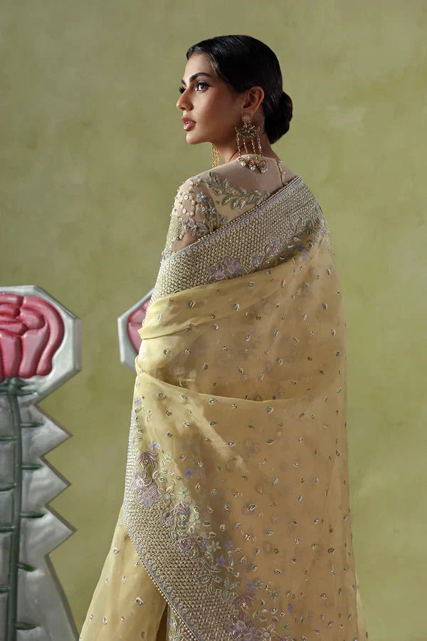 SORAYA Liora luxury pastel yellow organza shirt with lavender floral embroidery and embellished neckline at Zenni’s Atelier