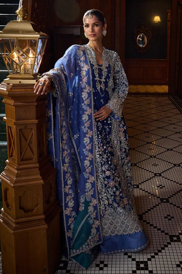 Soraya Lumene Festive Elise luxury royal blue embroidered net maxi with elegant floral motifs and flowing silhouette