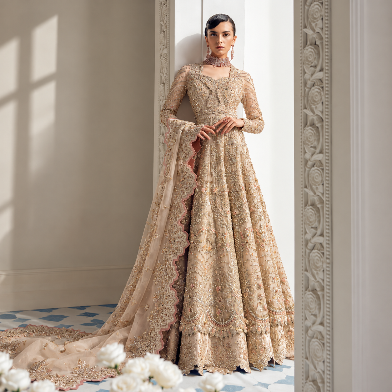 Suffuse Alena champagne gold embroidered organza maxi dress with delicate floral detailing modelled by Maro Mogul