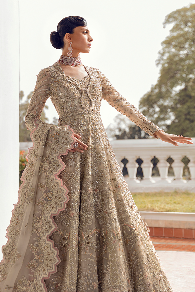 Suffuse Alena champagne organza dupatta with decorative scalloped embroidery border styled with a luxury formal maxi