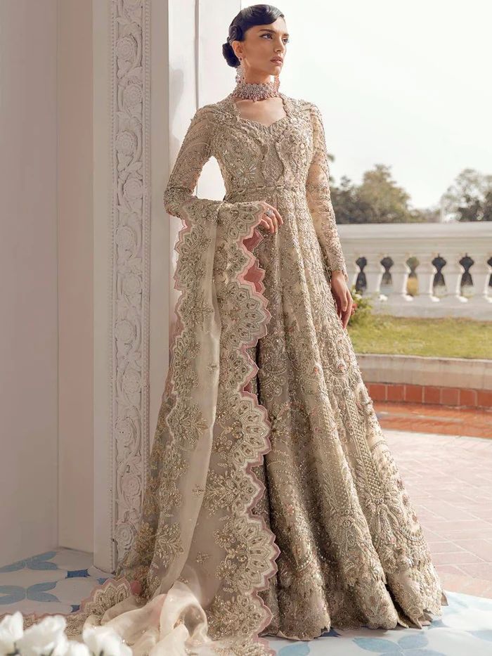 Suffuse Alena luxury champagne beige floor-length embroidered organza maxi for Pakistani Walima and wedding receptions