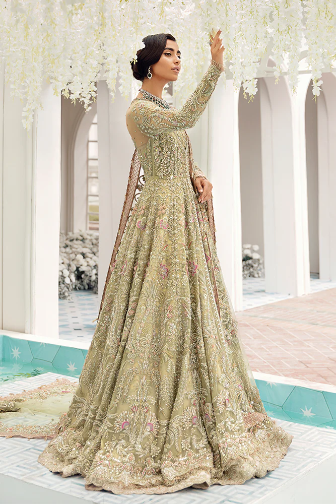 Suffuse Bridal Couture Iris luxury pastel green net bridal maxi featuring intricate floral embroidery and flowing silhouette