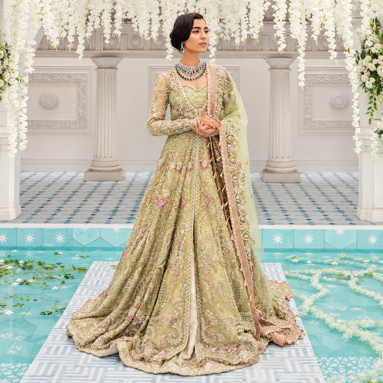 Sadaqat Amin wearing Suffuse Bridal Couture Iris pastel green embroidered net bridal maxi with elegant floral detailing