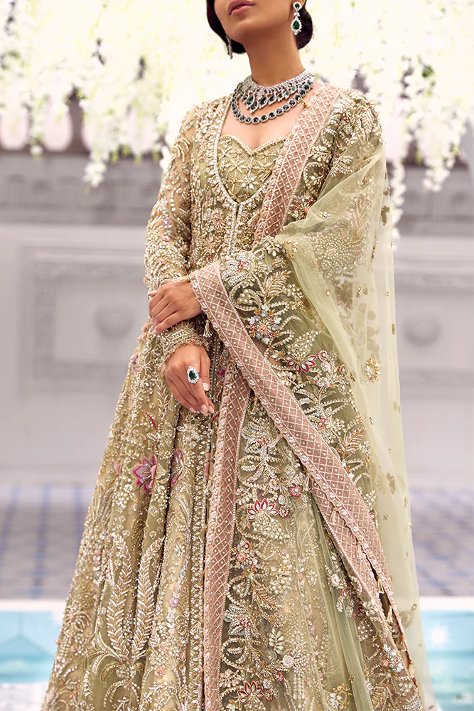 Suffuse Iris coordinating pastel green embroidered net dupatta with delicate floral motifs and elegant border