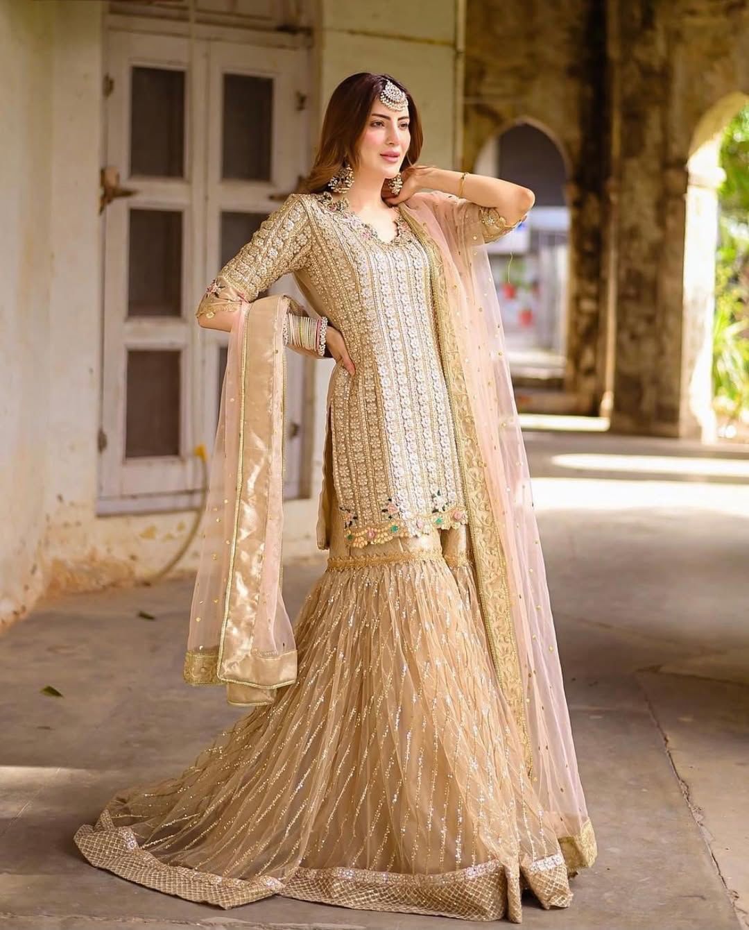 Tabya Nagma luxury beige and champagne gold embroidered chiffon formal suit for Pakistani wedding celebrations